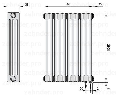 Схема (чертеж) Радиатор Zehnder Charleston 4280/11 №5510 Белый глянцевый RAL 9016